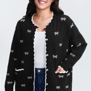 BloomChic Black Cardigan with White Bow Details